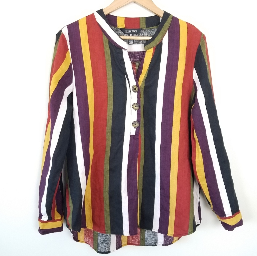 Ellen Tracy Linen Striped Tunic Top, L